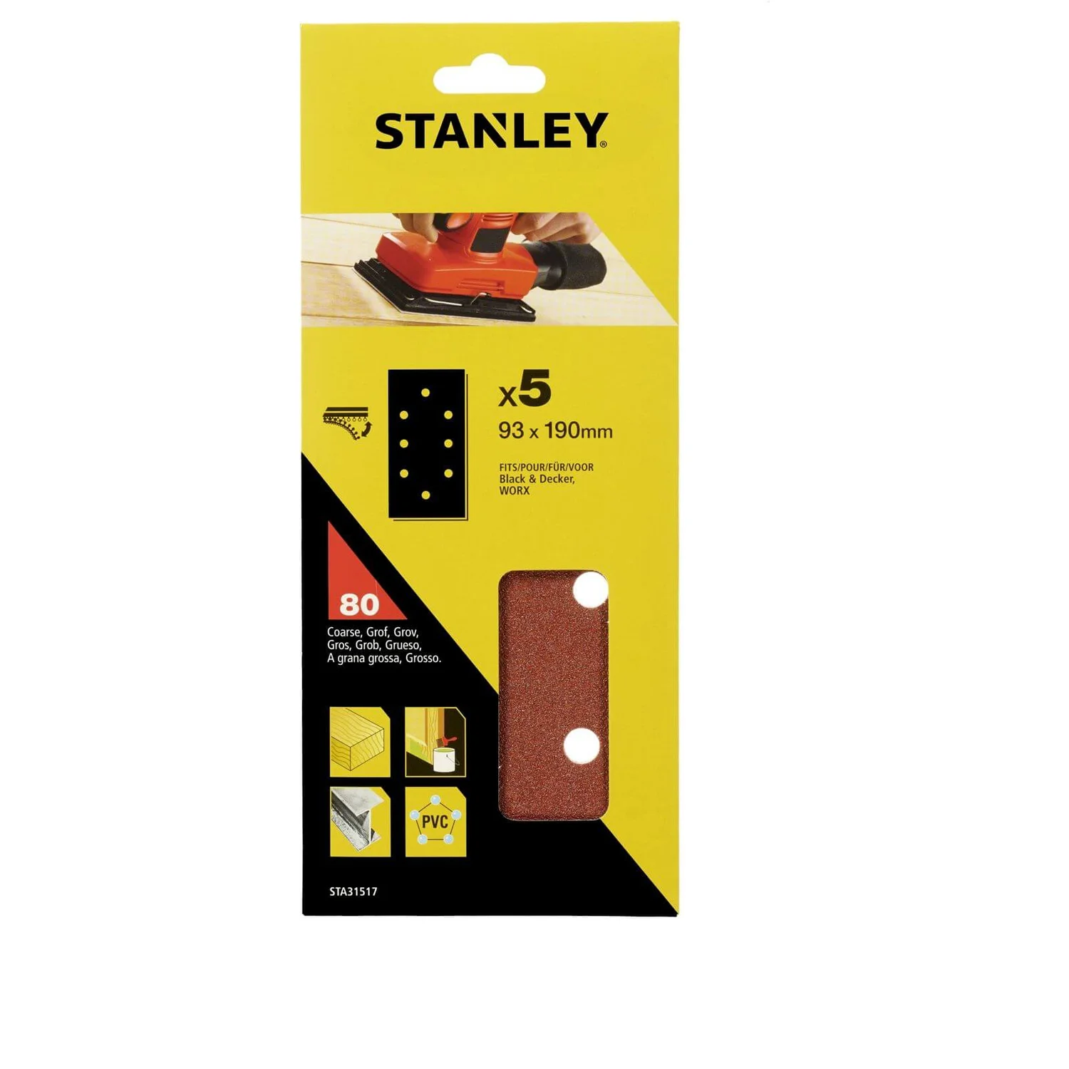 Stanley 1/3 Sheet Sander 80G Hook & Loop Sanding Sheets - STA31517-XJ 3 Stanley 1/3 Sheet Sander 80G Hook & Loop Sanding Sheets - STA31517-XJ