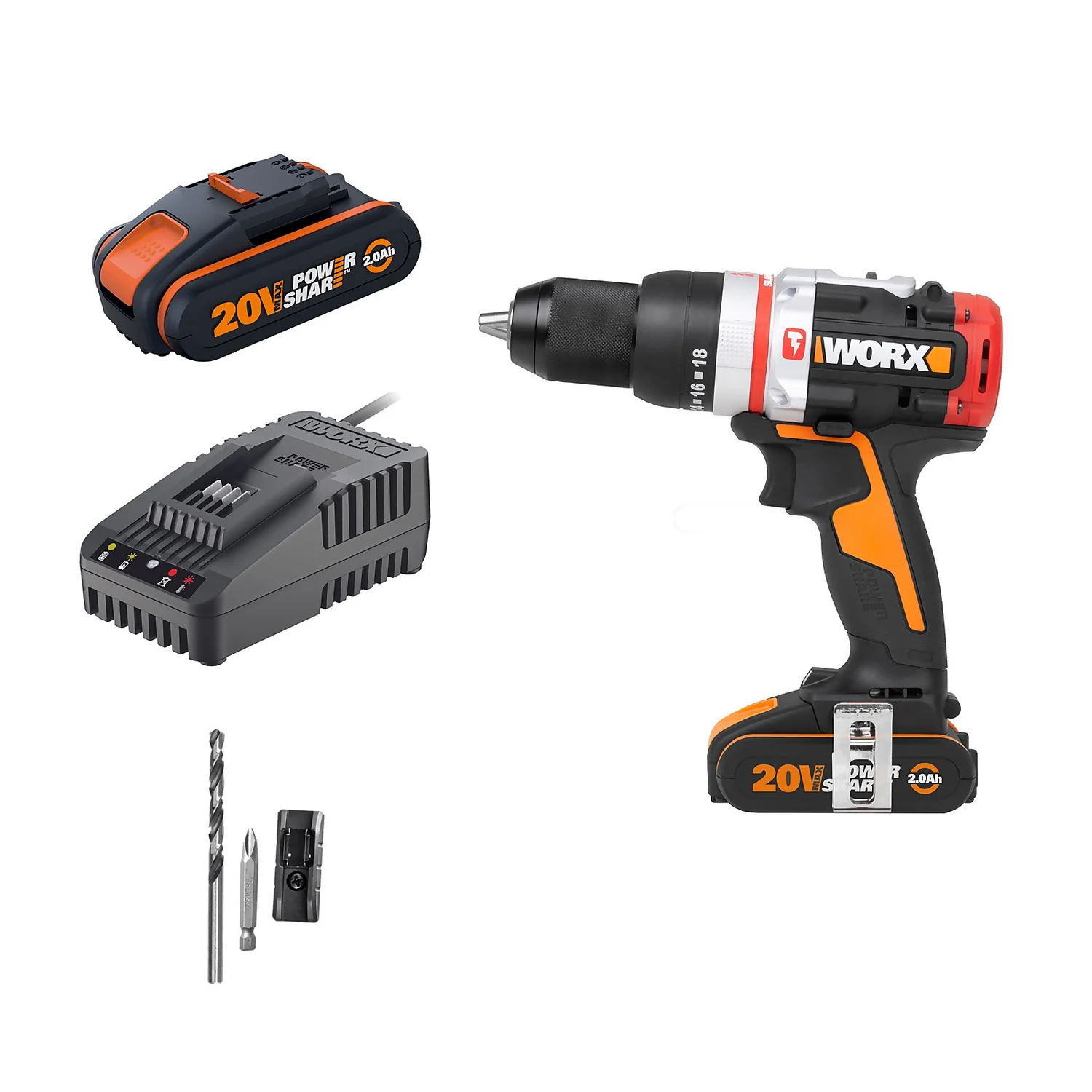 Worx WX354 20v Cordless Brushless Combi Hammer Drill With X2 2.0Ah Batteries 3 Worx WX354 20v Cordless Brushless Combi Hammer Drill With X2 2.0Ah Batteries