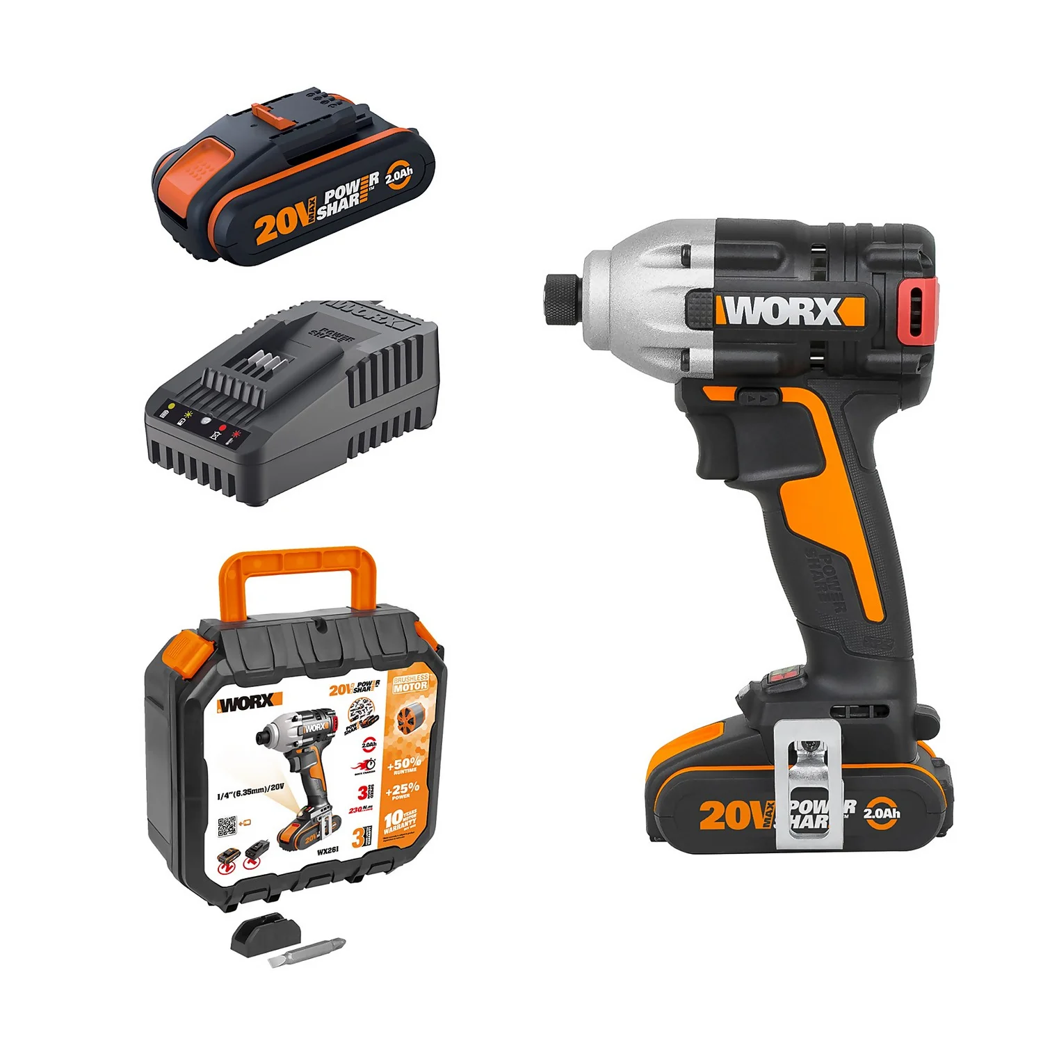 Worx WX261 20v Cordless Brushless Impact Driver With X2 2.0Ah Batteries 3 Worx WX261 20v Cordless Brushless Impact Driver With X2 2.0Ah Batteries