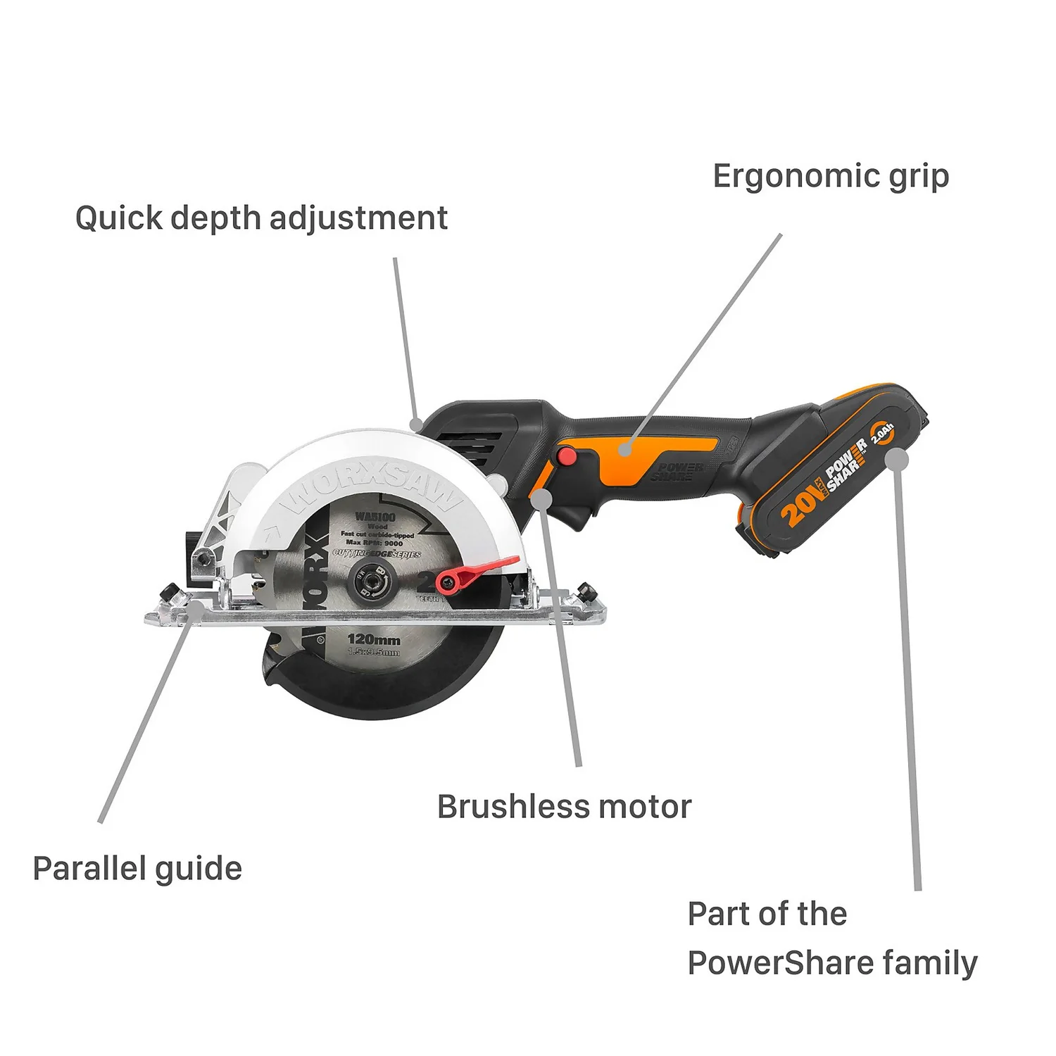 Worx WX531 20v 2.0Ah Worxsaw Cordless Brushless Circular Saw 6 Worx WX531 20v 2.0Ah Worxsaw Cordless Brushless Circular Saw - Image 4